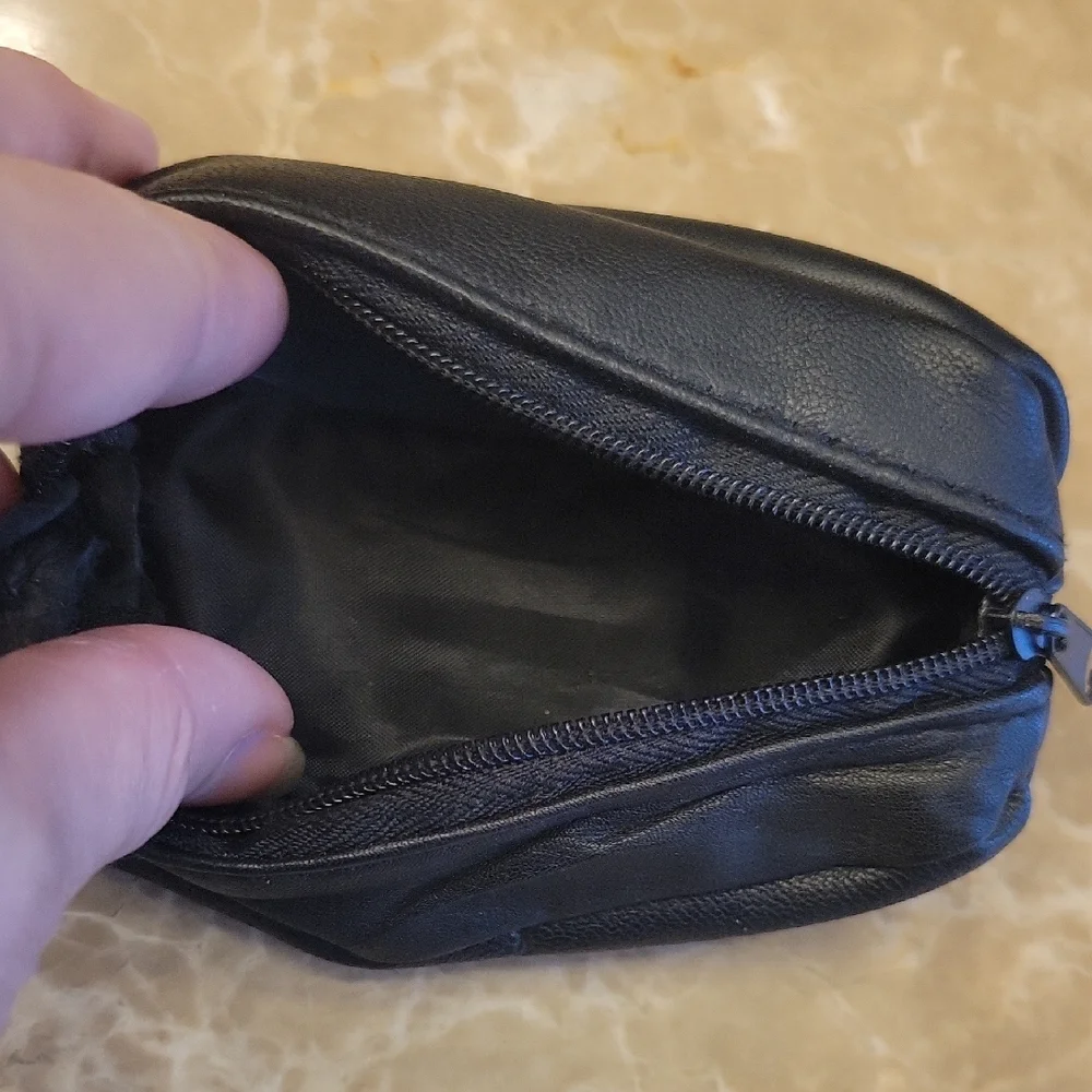 Black Compact Change Purse with Zippered Closure and Keyring